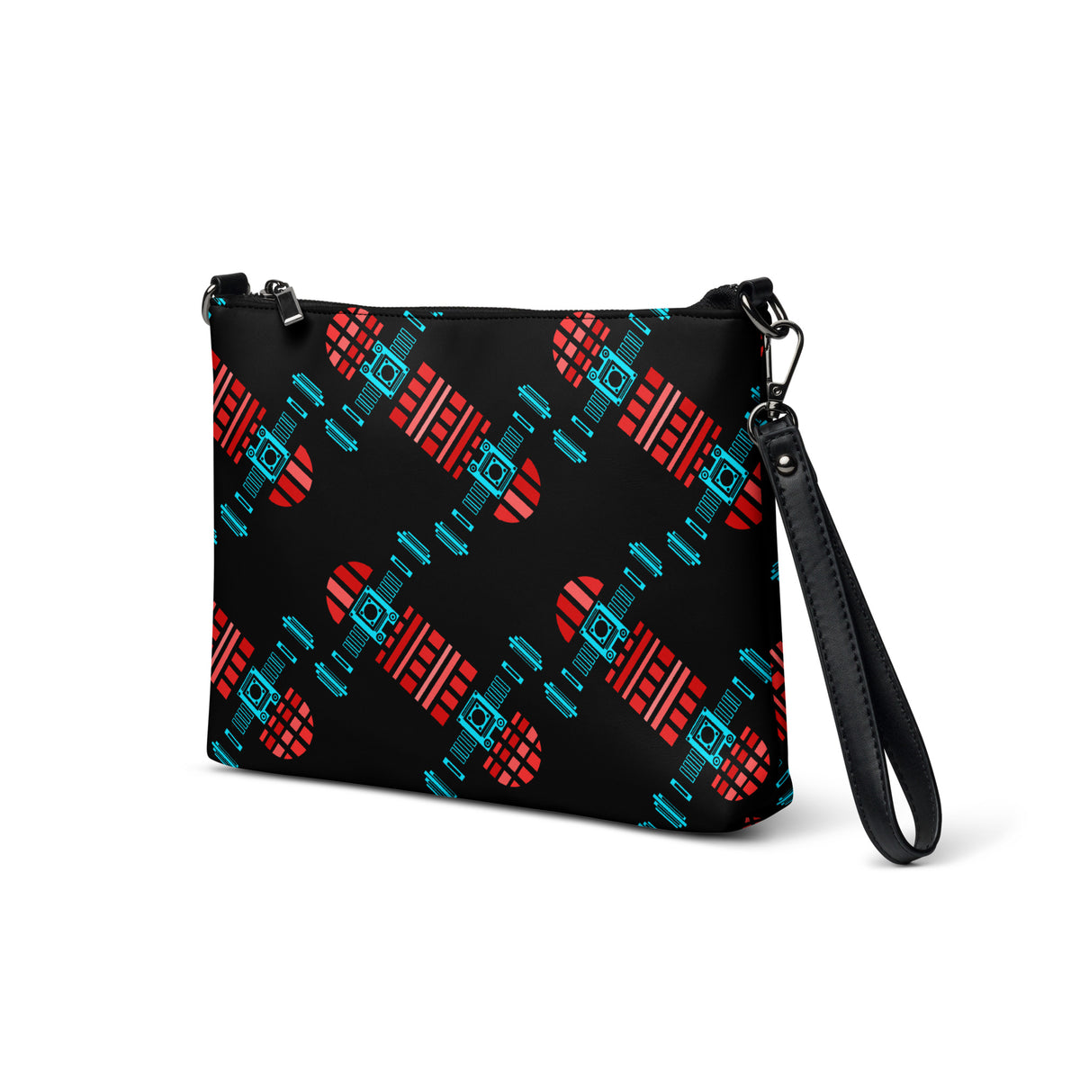 Black crossbody bag featuring an abstract skateboard graphic in black, red and cyan.