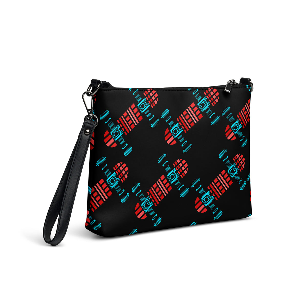 Black crossbody bag featuring an abstract skateboard graphic in black, red and cyan.