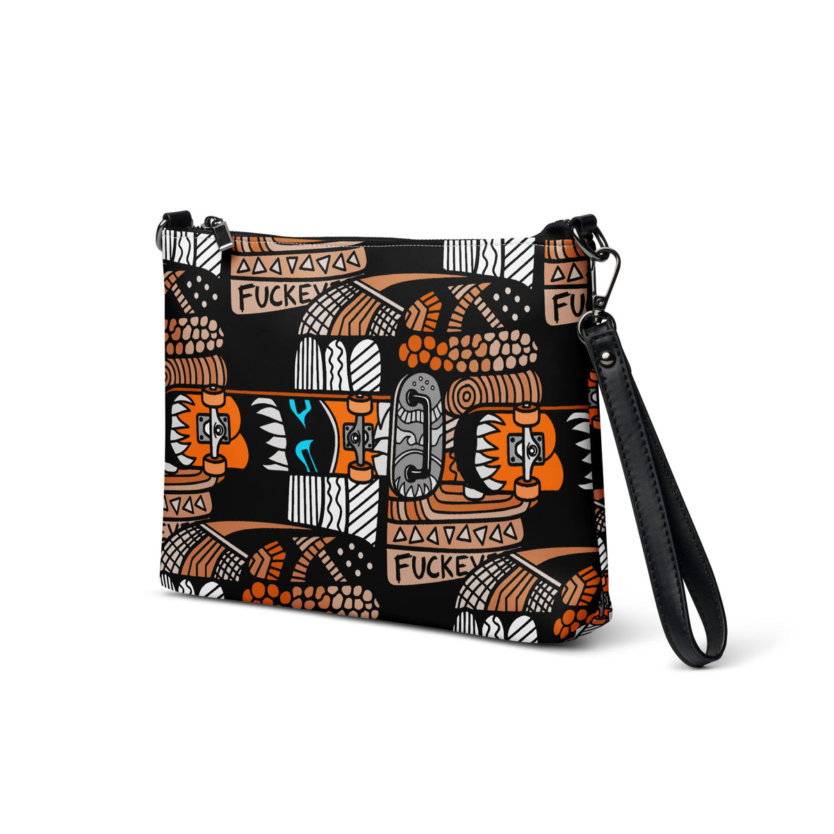 Black crossbody bag with a repeating Carnivore Skate Fridge print in orange, turquoise and grey.