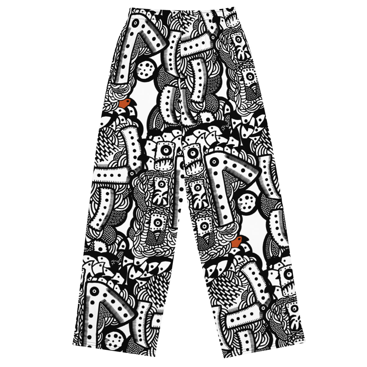 Front view of Totem Drift wide-leg pants with an all-over abstract black-and-white pattern and small orange accents.