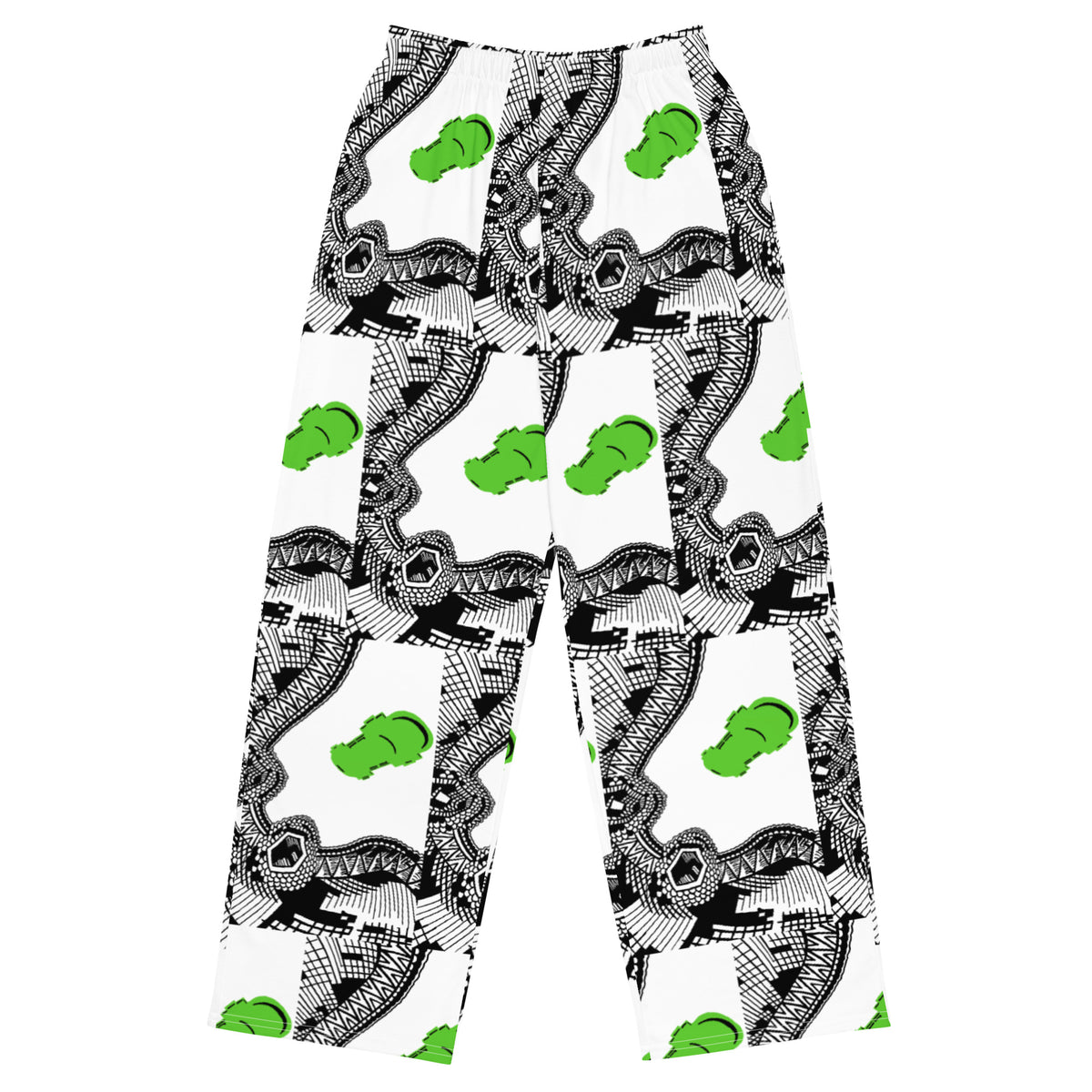 Back side. Urban City Wheels Signal wide-leg pants with an abstract black-and-white pattern and flying green skateboards.