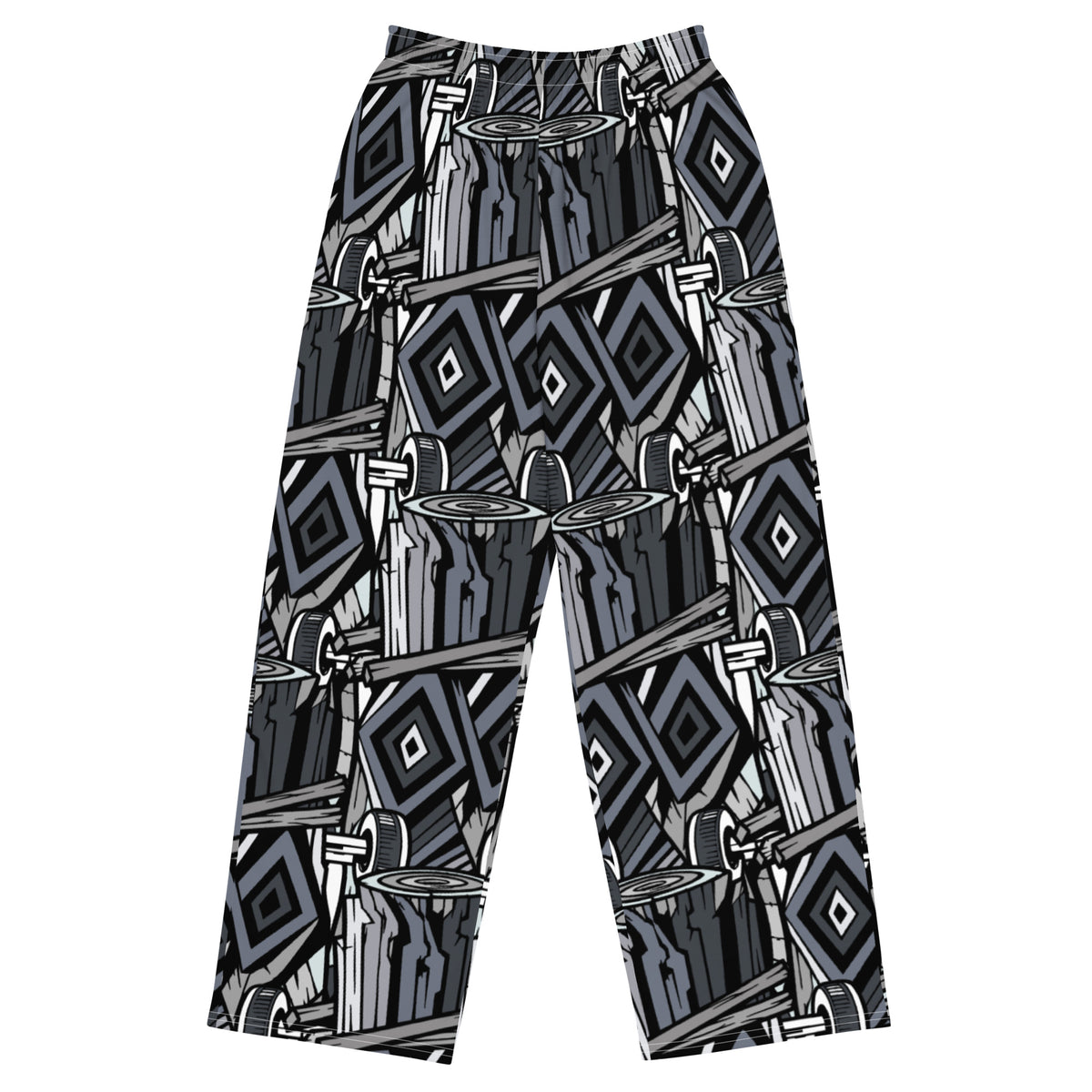Front. Wide-leg trousers featuring an all-over repeating abstract skateboard and wood-grain graphic pattern rendered in monochrome black, grey, and white tones.