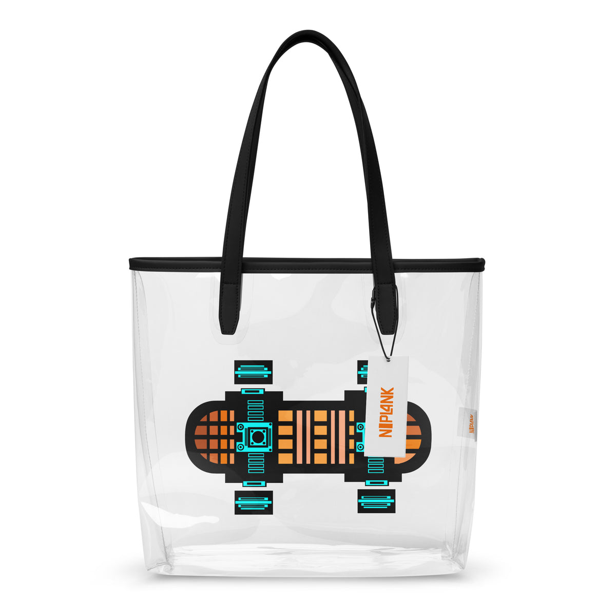 Transparent tote bag with black handles and an abstract orange-and-turquoise skateboard graphic.