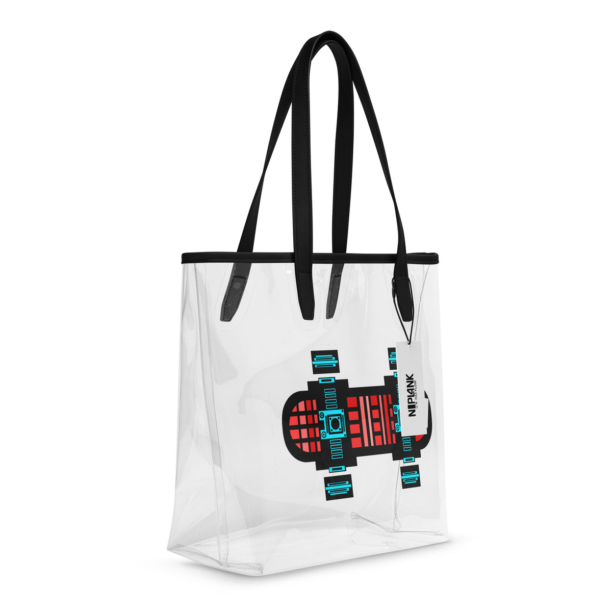 Neon Red puts a geometric red-and-turquoise skateboard design on a transparent tote bag with black handles.