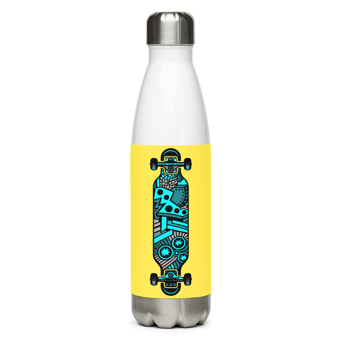 White stainless steel water bottle with a yellow panel and an abstract turquoise-and-black longboard graphic.