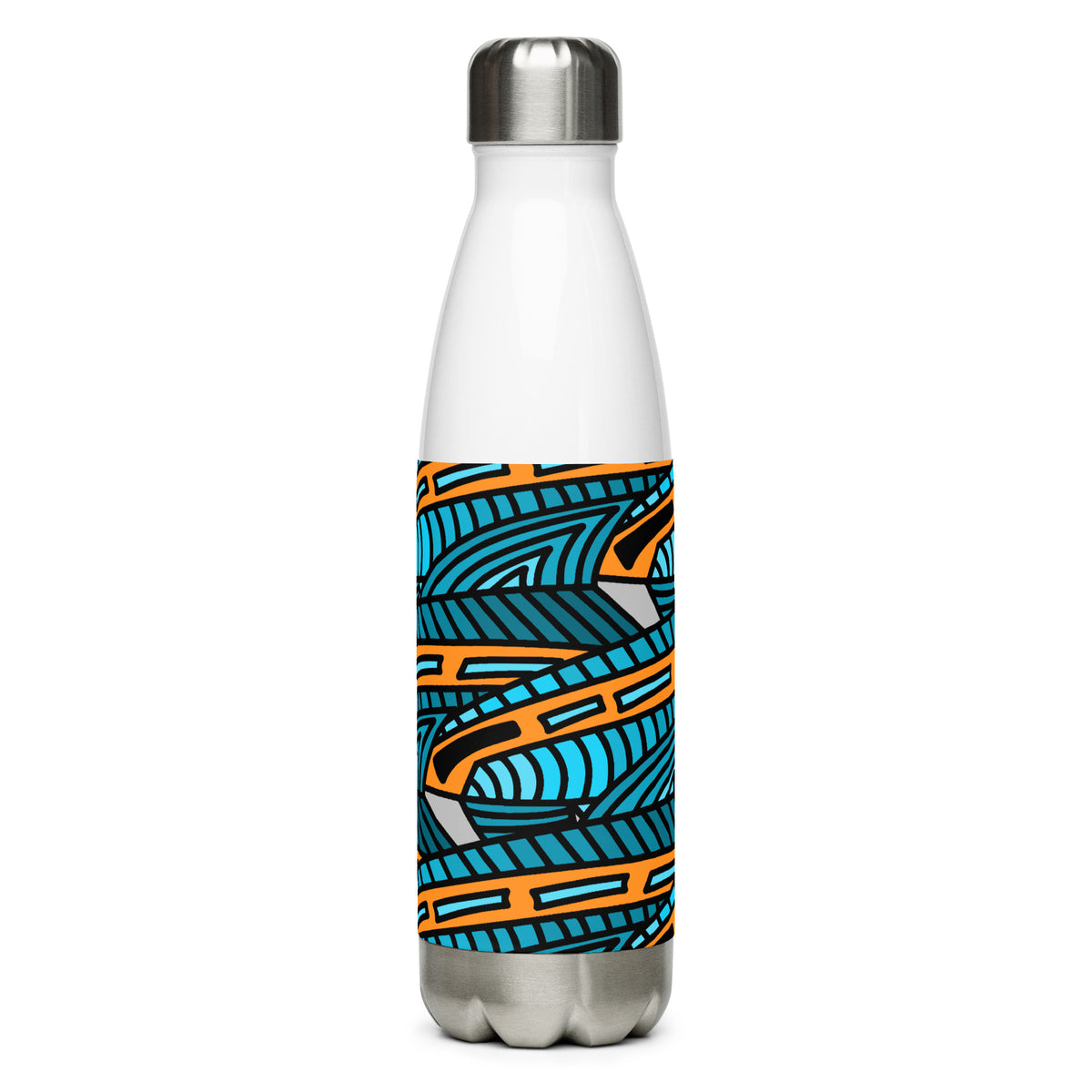Jetfin Reef brings an abstract turquoise-and-orange shark design on a stainless steel water bottle.