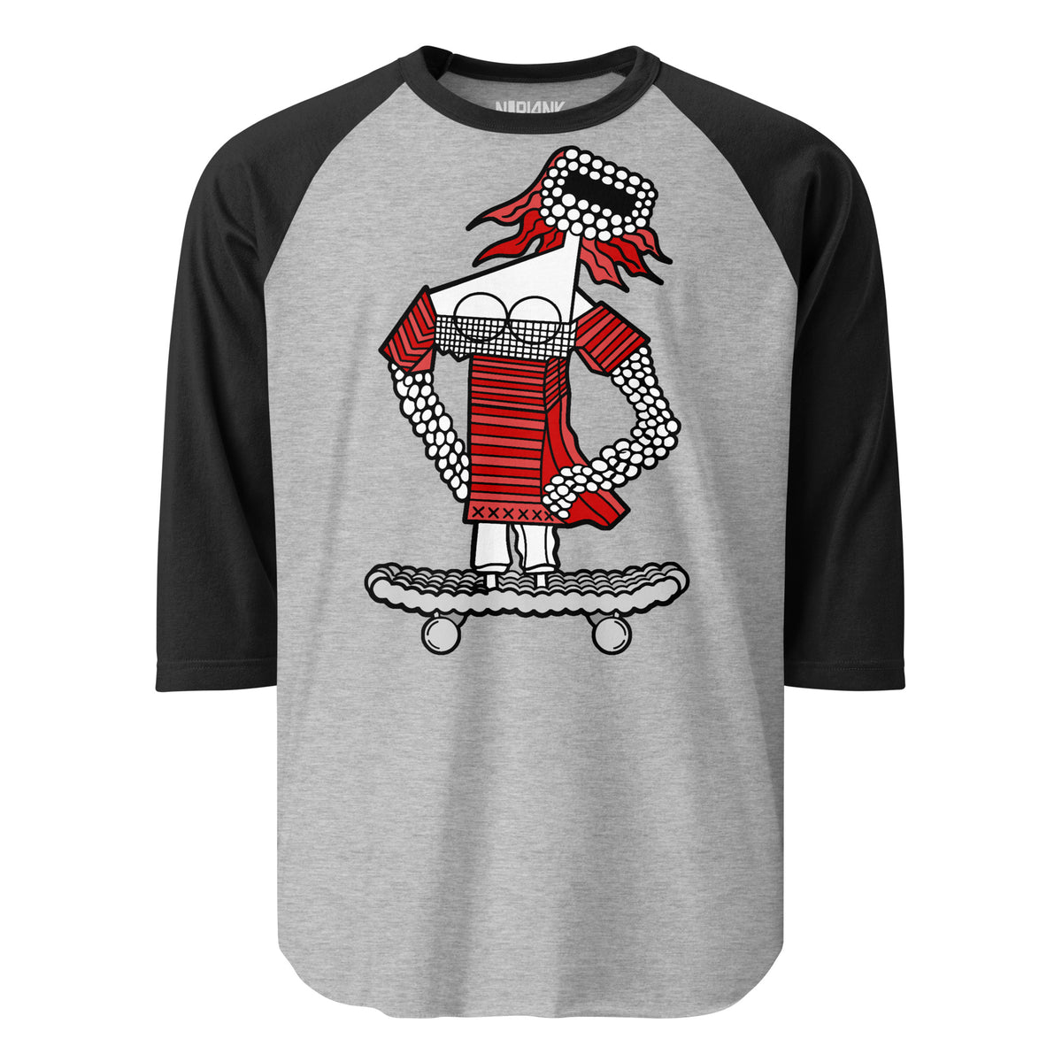 Grey raglan shirt with black sleeves and a red space skater girl standing on a skateboard.