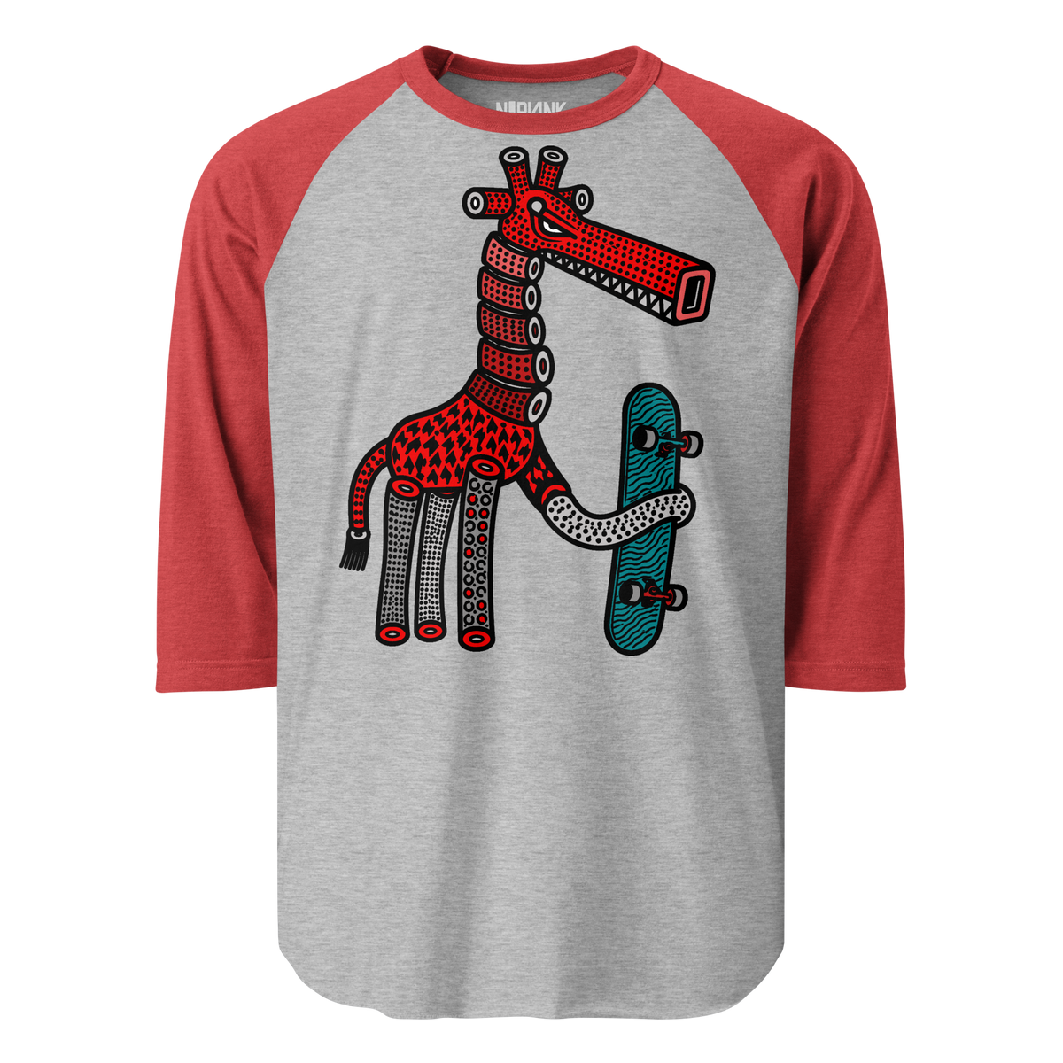 Grey raglan shirt with pink sleeves and a red giraffe holding a turquoise skateboard.