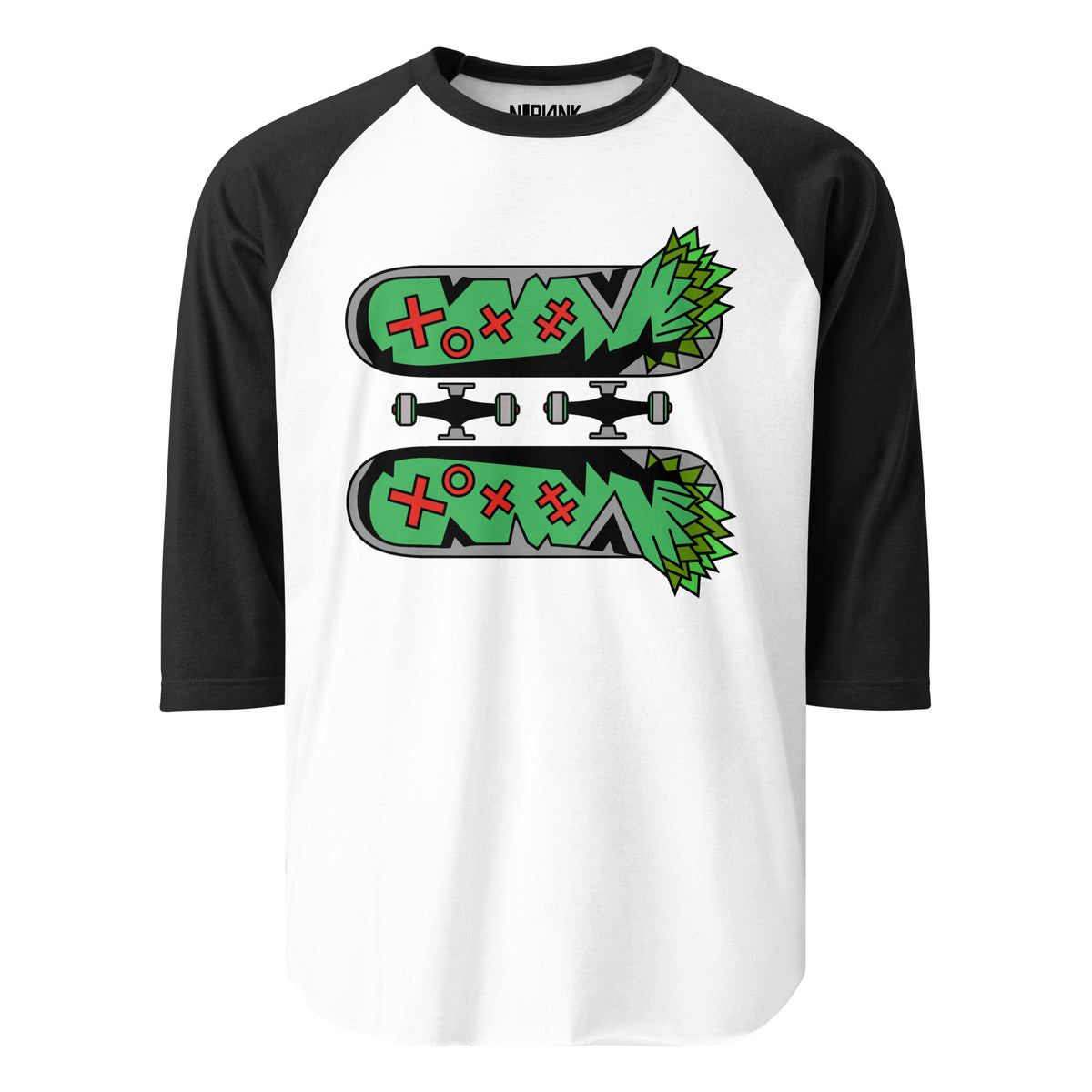 White raglan shirt with black sleeves and two green skateboard decks with separate trucks and wheels.