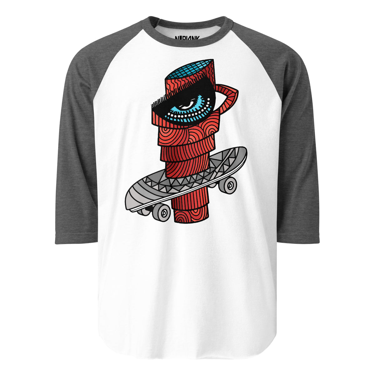 White raglan shirt with grey sleeves and a red coffee character with a skateboard.