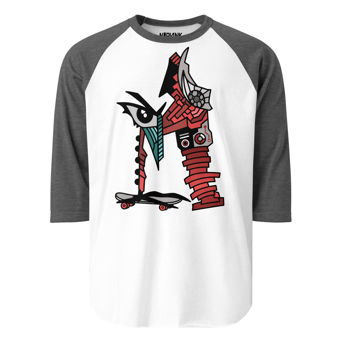 White raglan shirt with grey sleeves and an abstract letter M graphic.