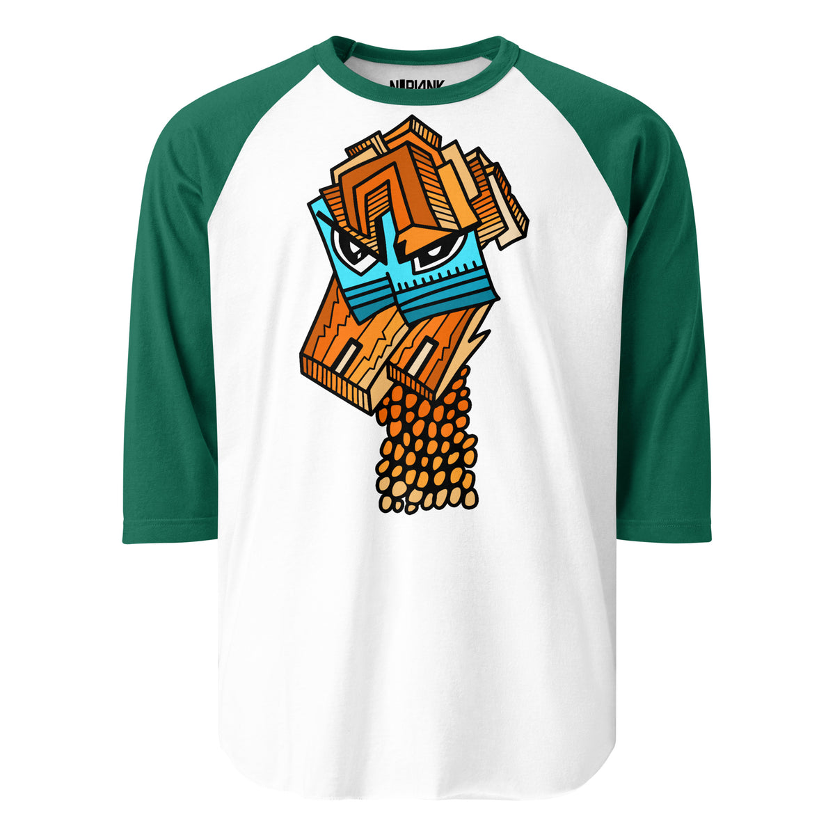 White with green sleeves: Master Reactor raglan shirt with green sleeves and an abstract orange and blue portrait of an angry girl.