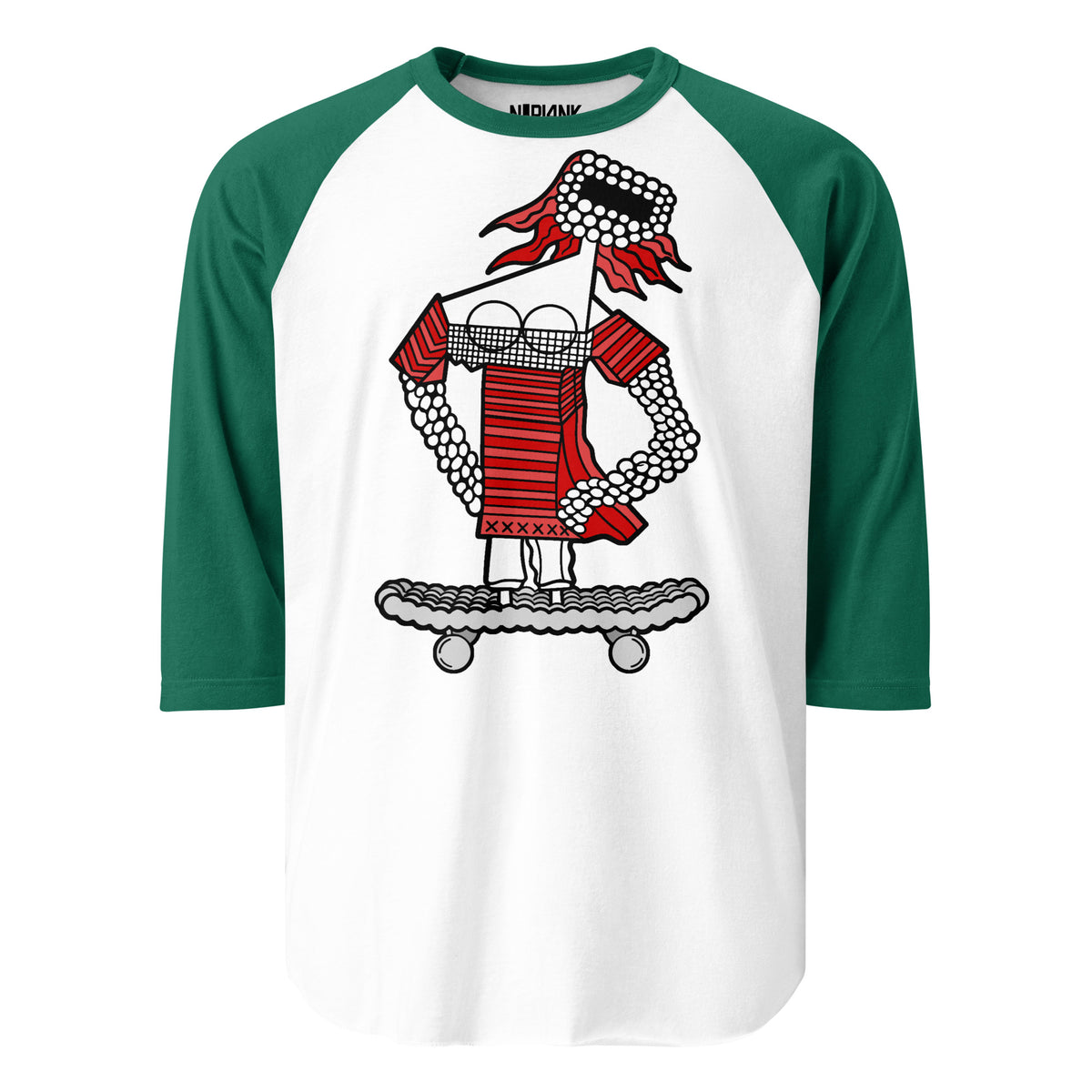 White raglan shirt with green sleeves and a red space skater girl standing on a skateboard.