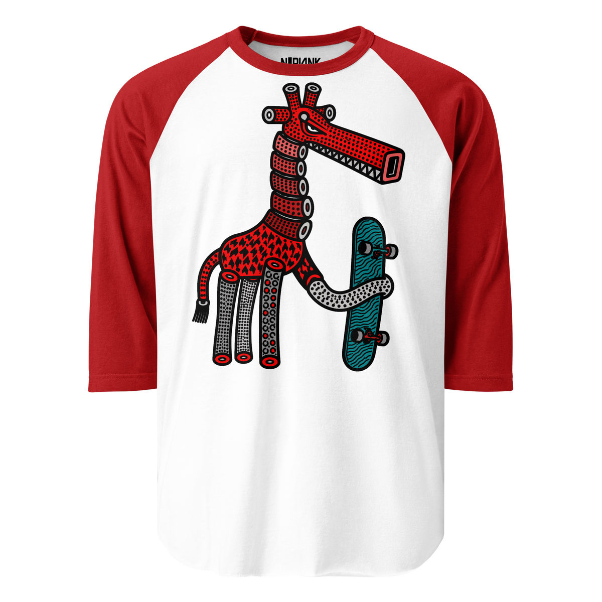 White raglan shirt with red sleeves and a red giraffe holding a turquoise skateboard.