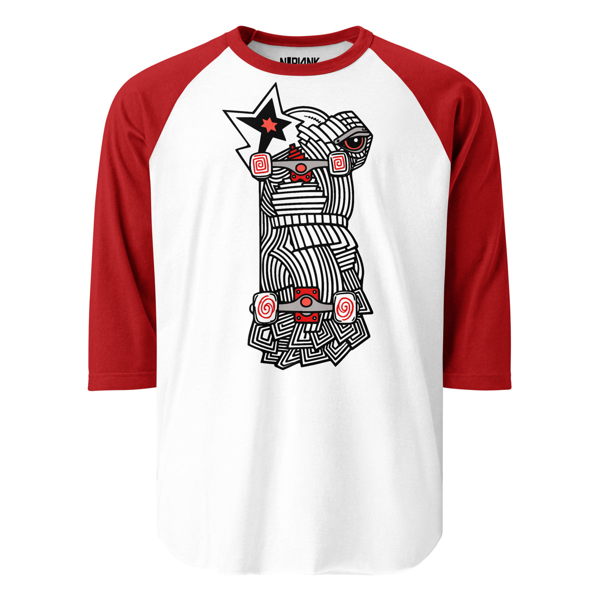 White raglan shirt with red sleeves and a black-and-white abstract character with a red star and skateboard details.