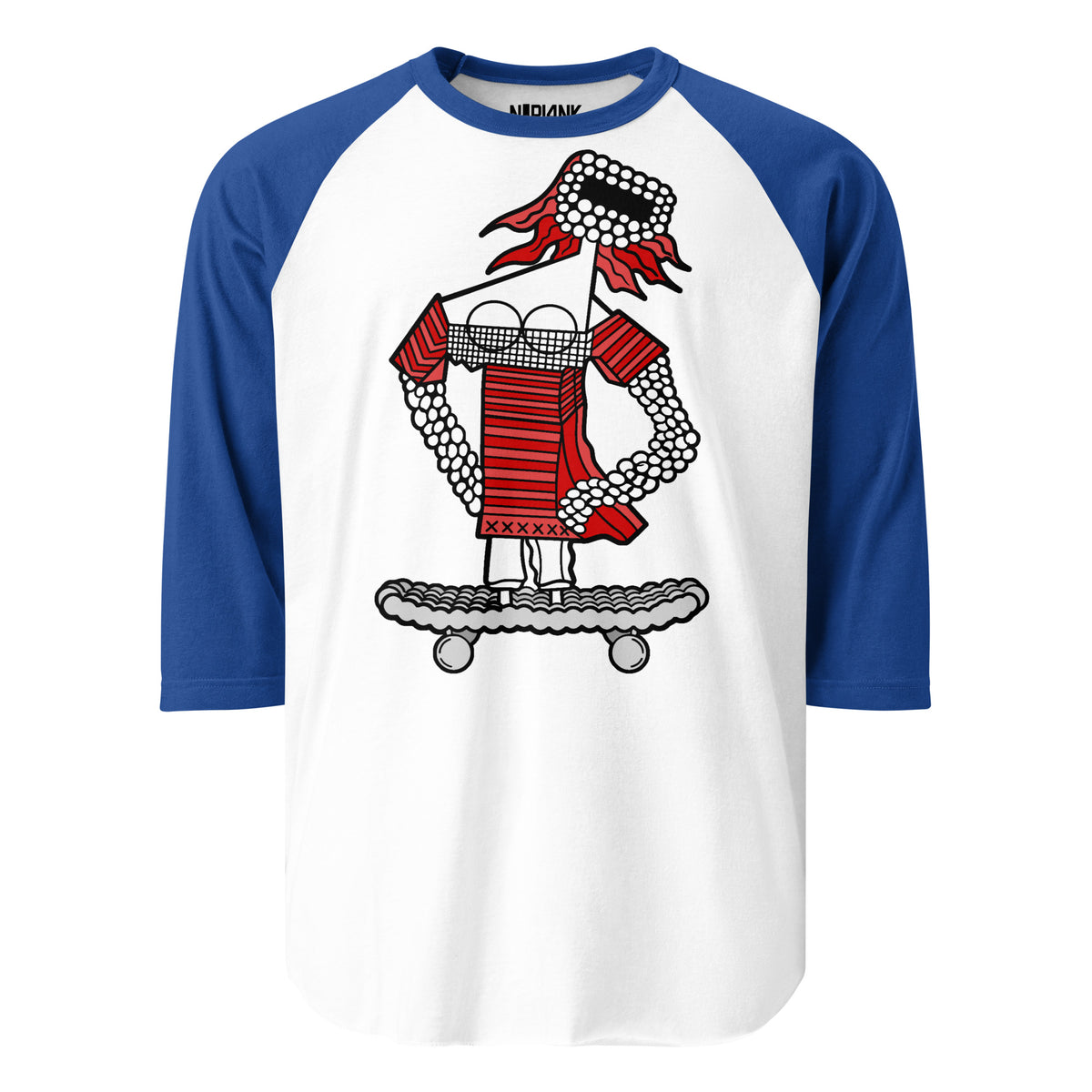 White raglan shirt with blue sleeves and a red space skater girl standing on a skateboard.