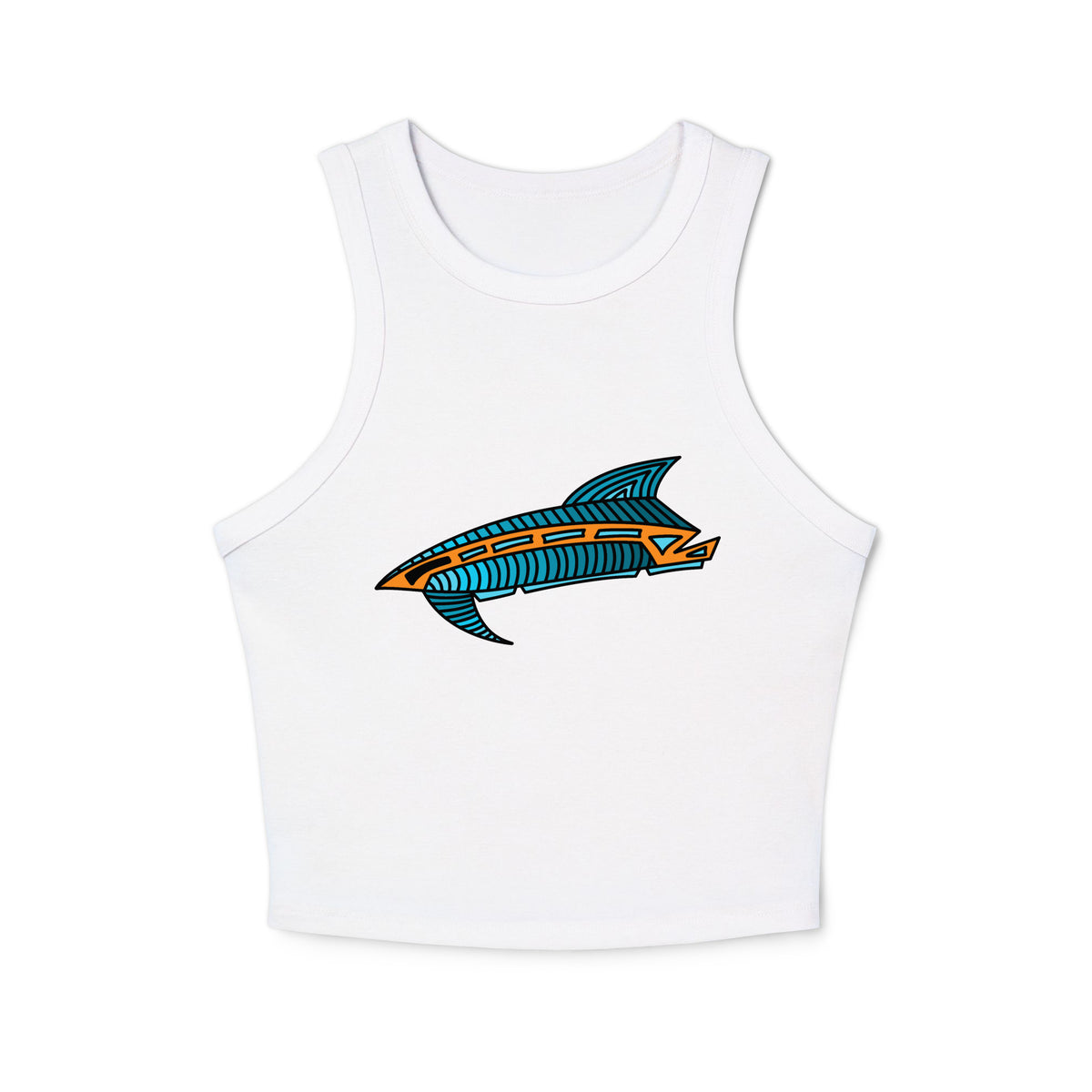 White micro rib racer tank top featuring a centered graphic of an abstract, stylized fish called Jetfin Reef in cyan blue and bright orange with bold black outlines.