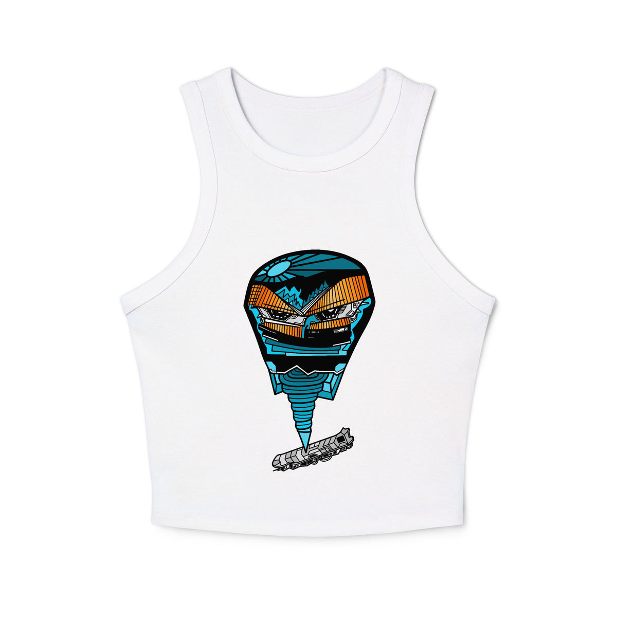 Front: White micro rib racer tank top featuring a centered graphic of a cyan blue funnel-cloud cyclone spinning directly onto a grey skateboard deck, topped with orange and blue mechanical design elements.