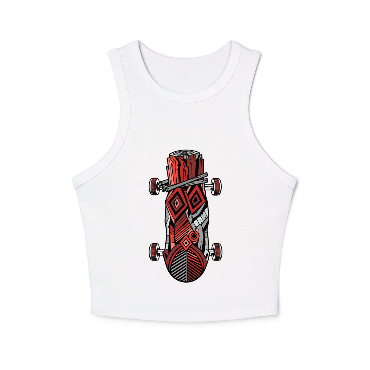 White micro rib racer tank top featuring a centered graphic of a stylized skateboard deck design with red wood grain textures, geometric diamond patterns, grey accents, and red skate wheels.