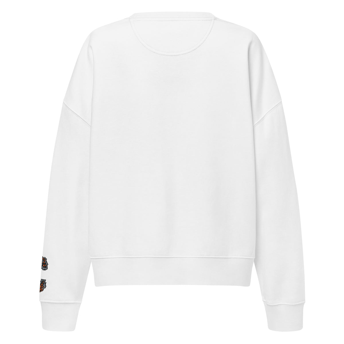 Back side. White crew neck sweatshirt featuring a centered graphic of an illustrated retro fridge and skateboard design in orange, brown, and black tones.