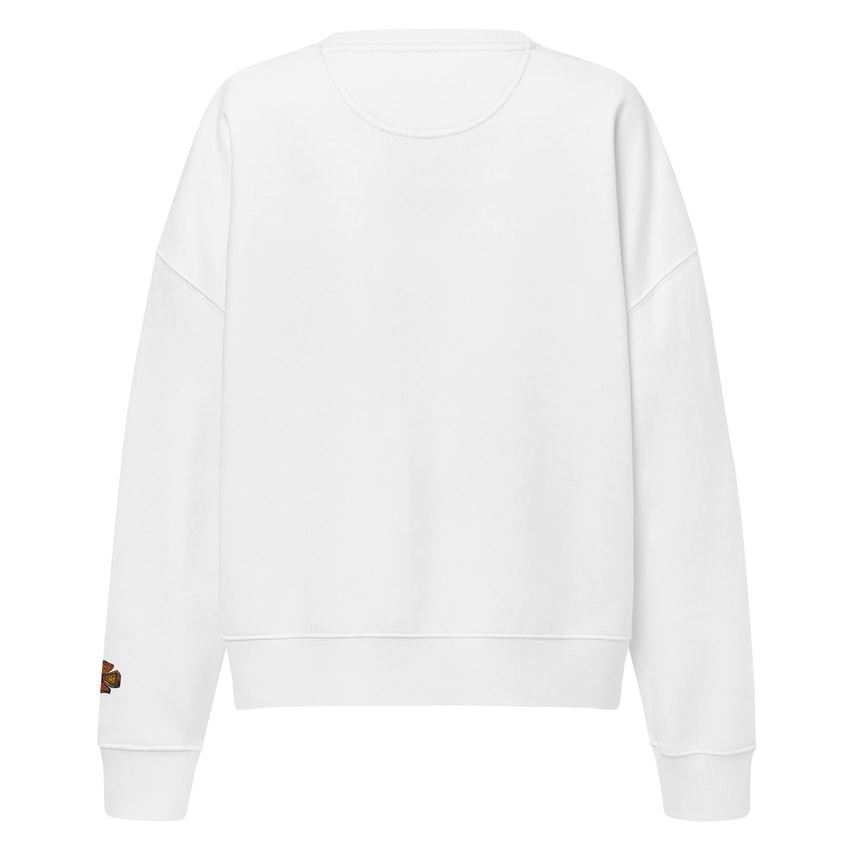 Back side. White crew neck sweatshirt featuring a centered graphic of an abstract, stylized fish called Jetfin Reef in cyan blue and bright orange tones with bold black outlines.