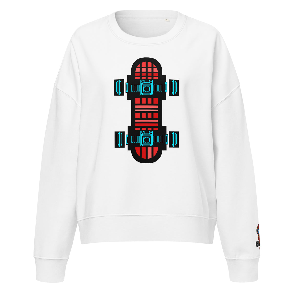 White crew neck sweatshirt featuring a centered technical graphic of a skateboard top-down view in vibrant red, cyan blue, and black accents.