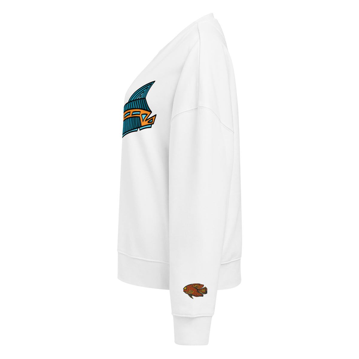Left side. White crew neck sweatshirt featuring a centered graphic of an abstract, stylized fish called Jetfin Reef in cyan blue and bright orange tones with bold black outlines.