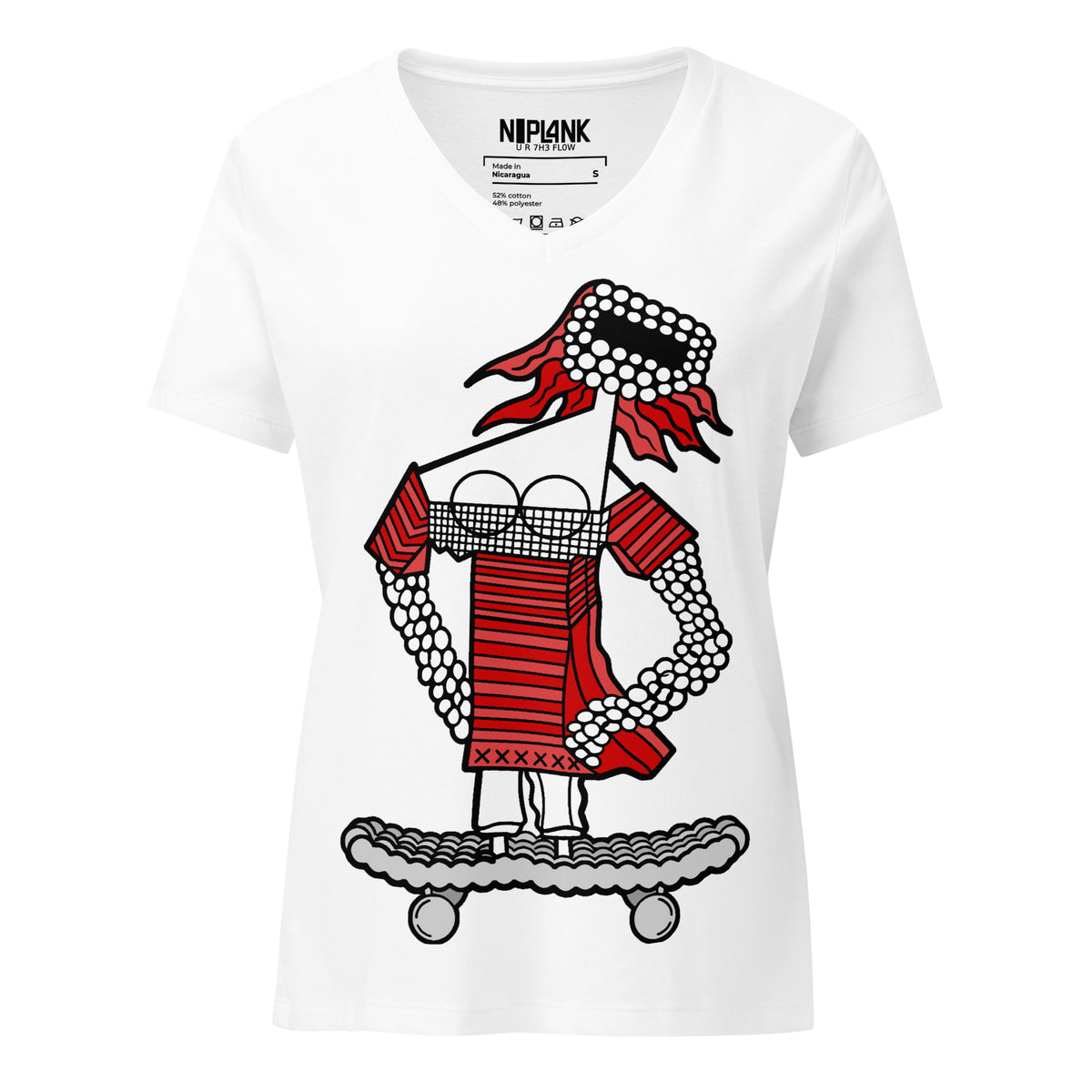 White relaxed V-neck tee with Sifrina, a red and black space skater girl standing on a skateboard.