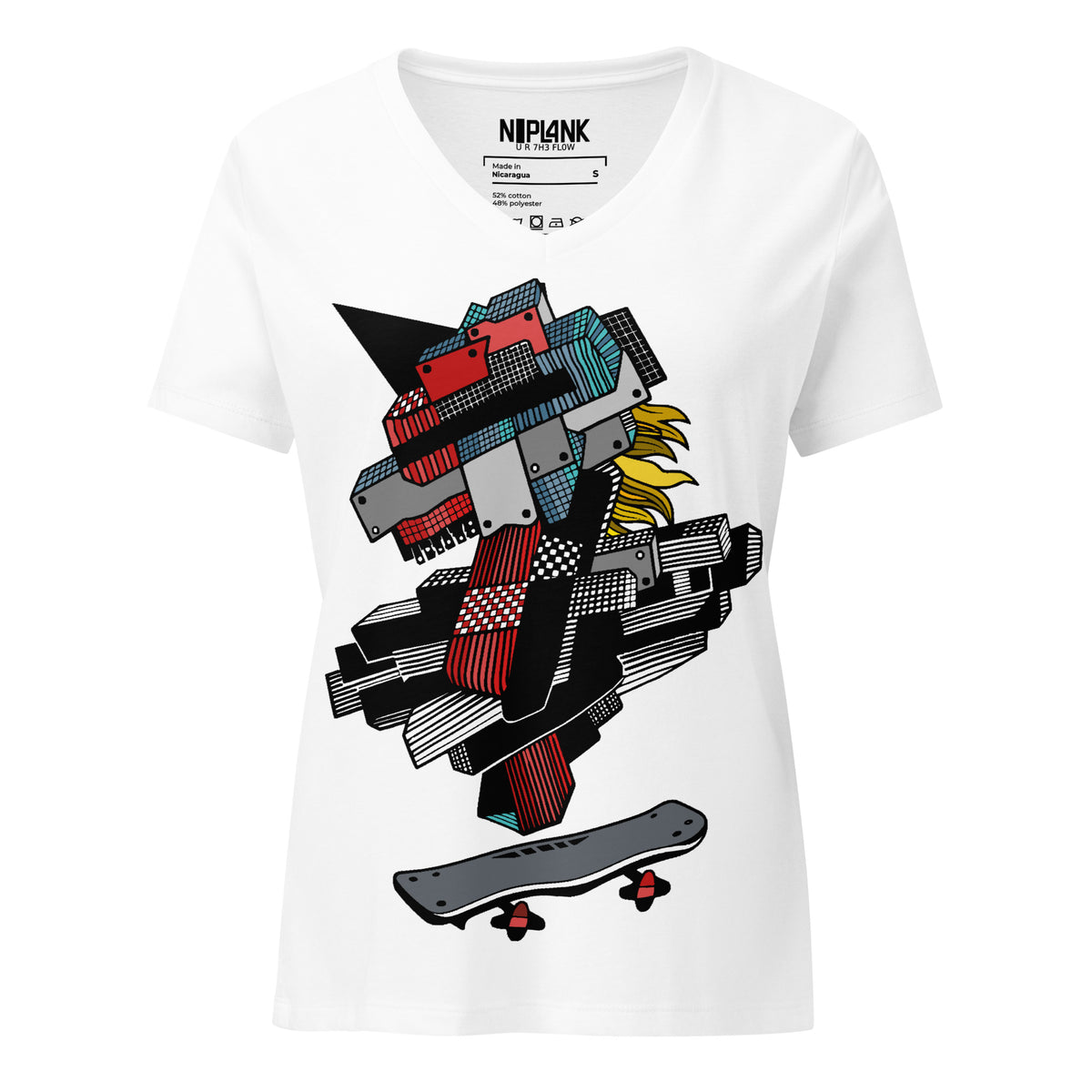White relaxed V-neck tee with a geometric mechanical unicorn and skateboard graphic.