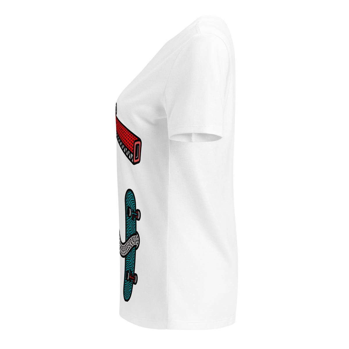 Side view of the white Longneck V-neck tee showing part of the turquoise skateboard.