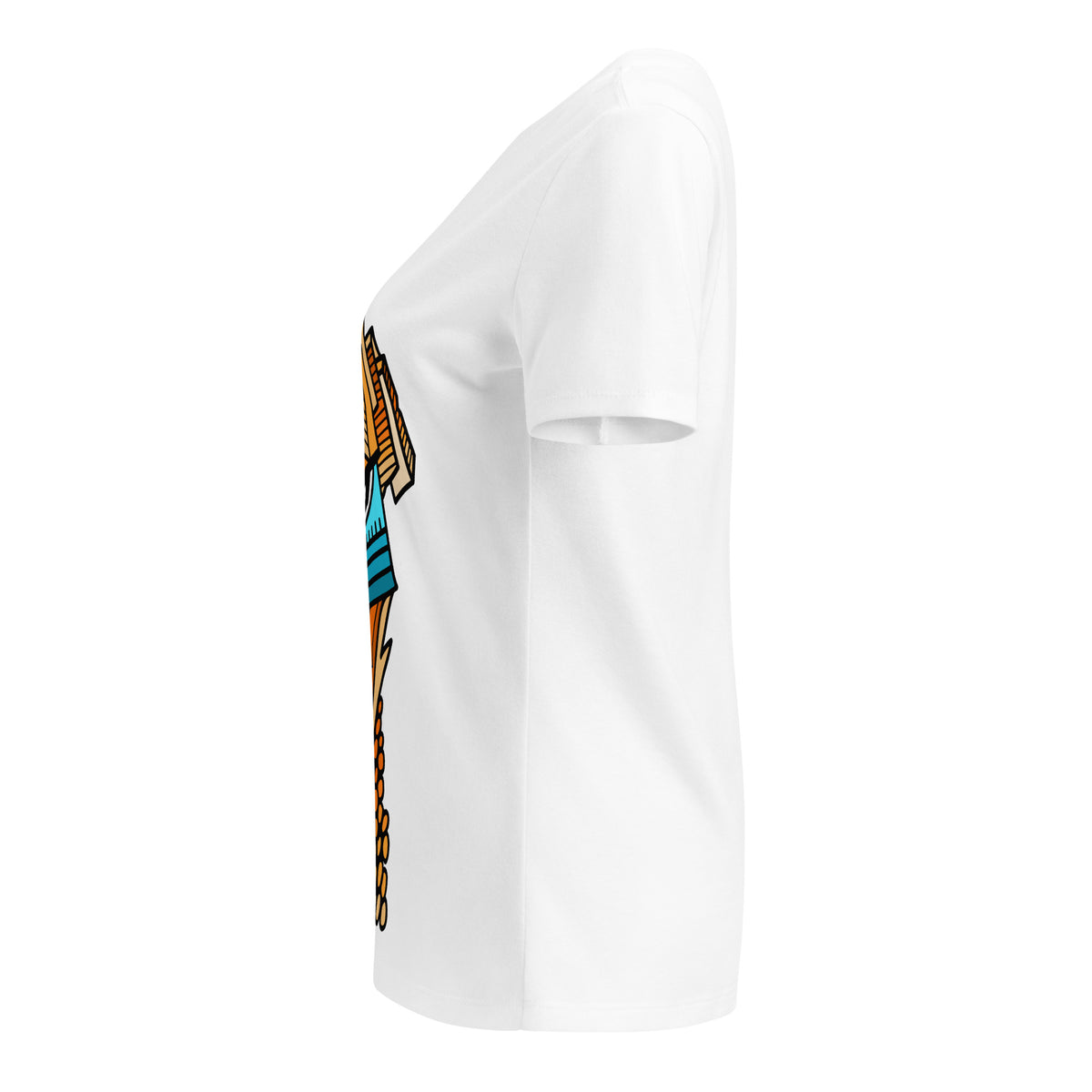 Side view of the white Master Reactor V-neck tee showing the edge of the graphic.