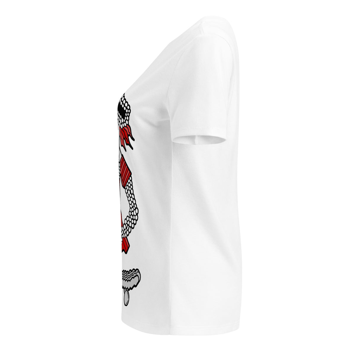 Side view of the white Sifrina V-neck tee showing part of the skater girl graphic.