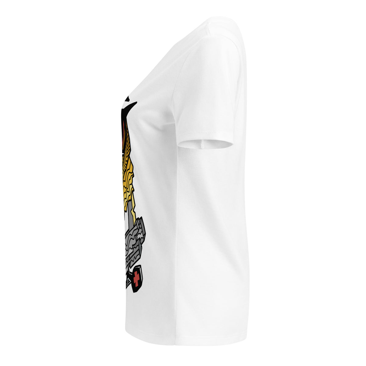 Side view of the white Master Noctowl V-neck tee showing part of the owl graphic.