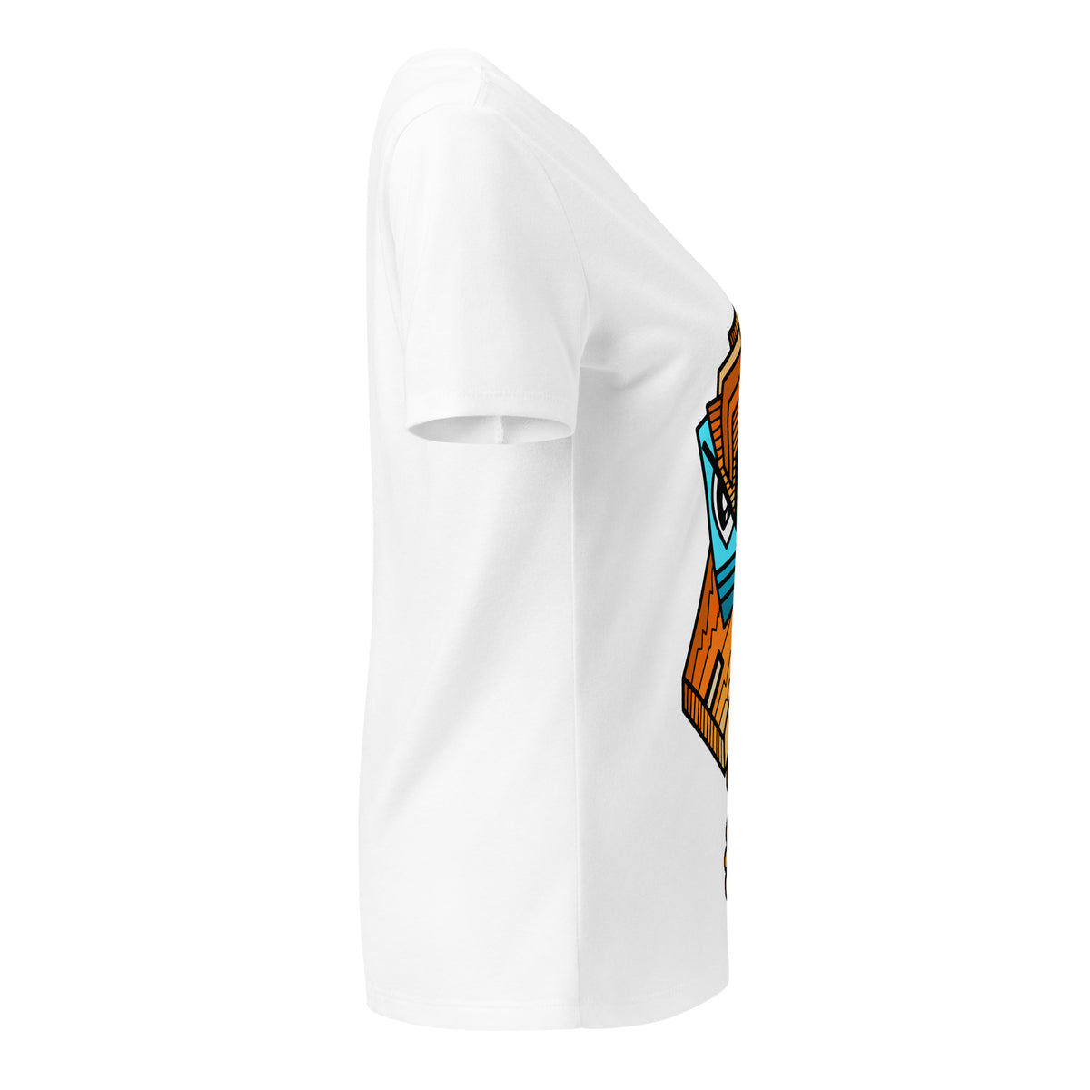 Opposite side view of the white Master Reactor V-neck tee showing the edge of the graphic.
