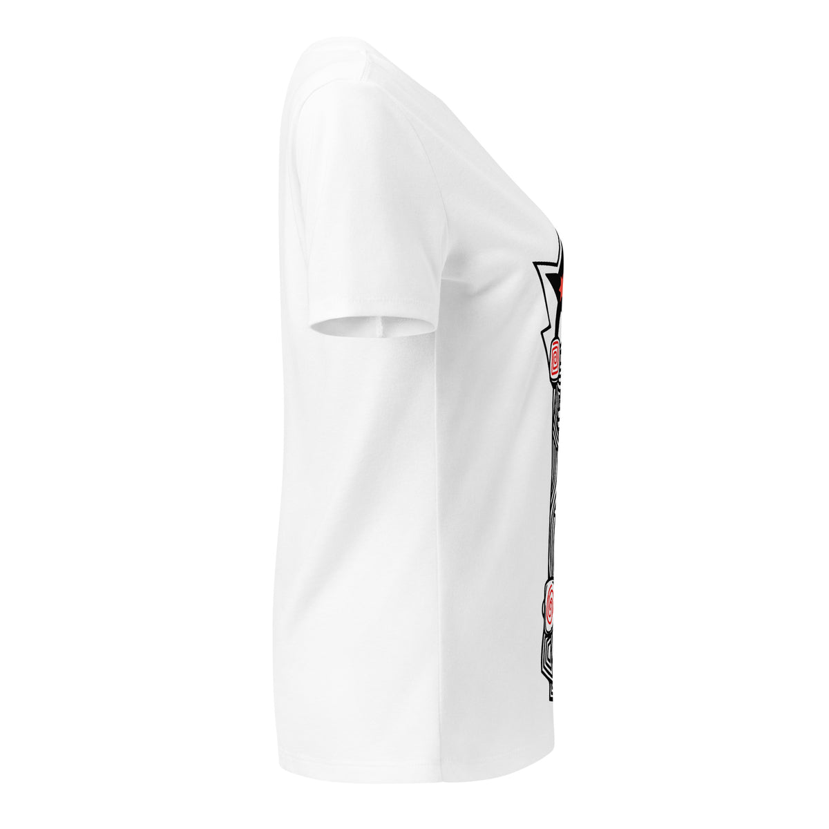 Opposite side view of the white Master Metamorphosis V-neck tee showing part of the graphic.