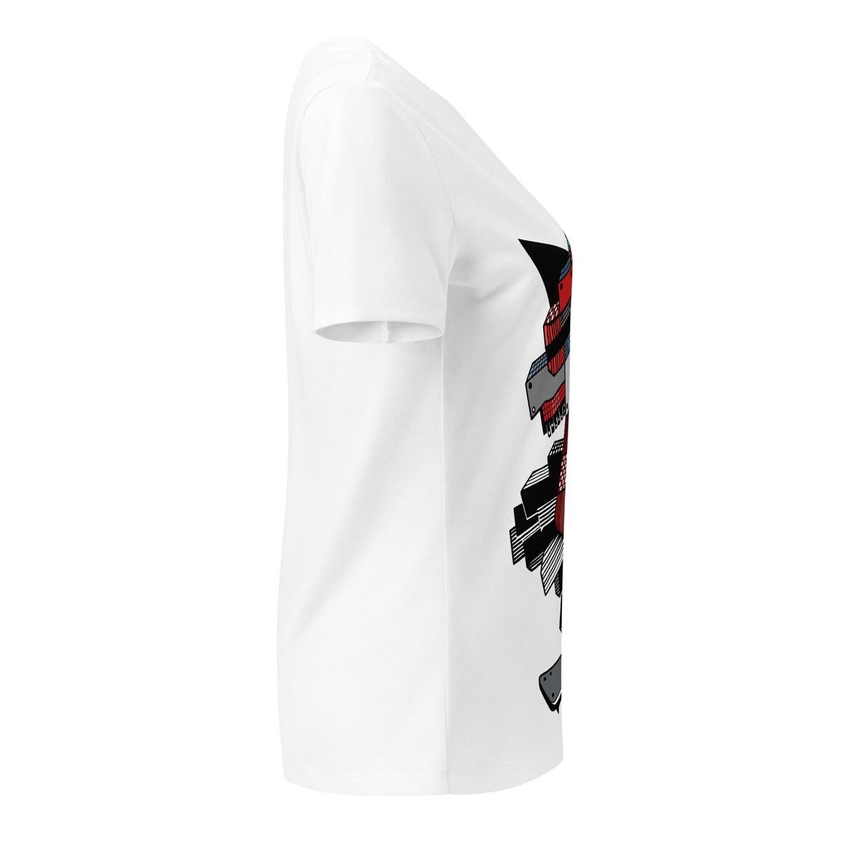 Opposite side view of the white V-neck tee showing part of the unicorn graphic.