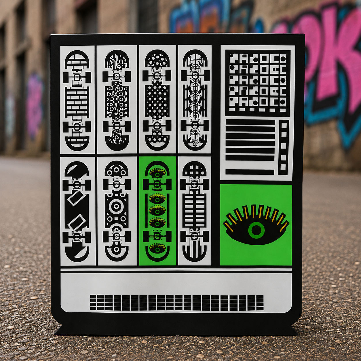Neon skateboard art collection featuring high-contrast designs and neon energy