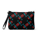 Black crossbody bag featuring an abstract skateboard graphic in black, red and cyan.