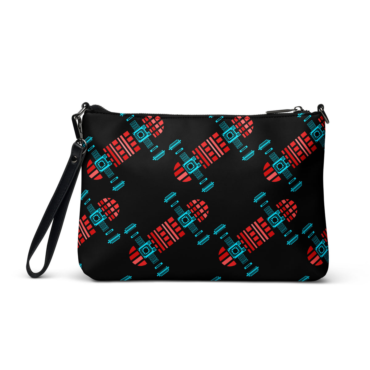Black crossbody bag featuring an abstract skateboard graphic in black, red and cyan.