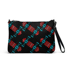 Black crossbody bag featuring an abstract skateboard graphic in black, red and cyan.