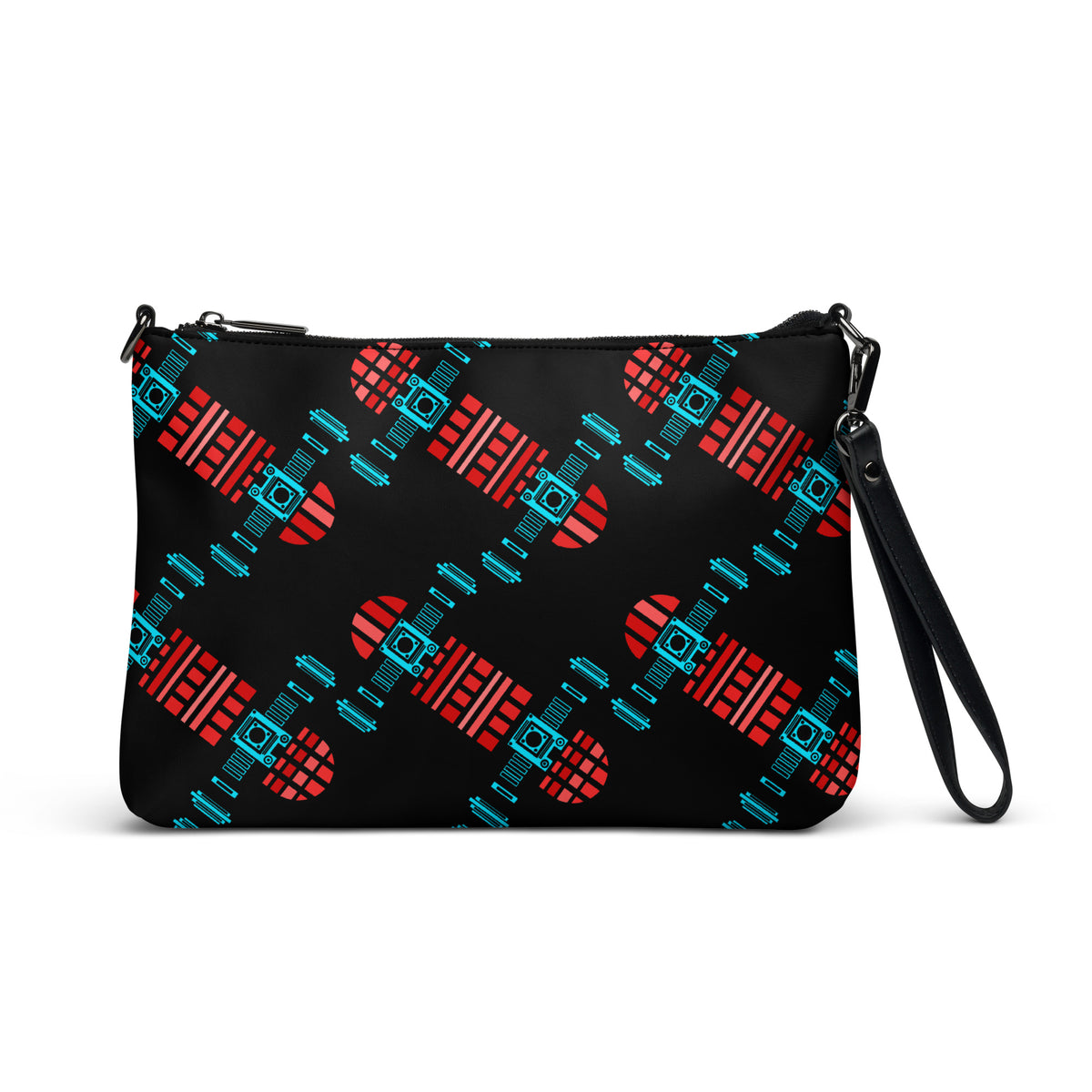 Black crossbody bag featuring an abstract skateboard graphic in black, red and cyan.