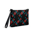 Black crossbody bag featuring an abstract skateboard graphic in black, red and cyan.