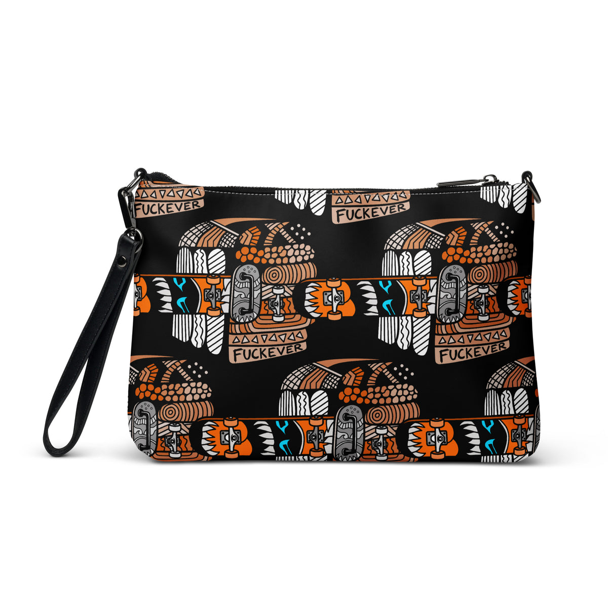 Black crossbody bag with a repeating Carnivore Skate Fridge print in orange, turquoise and grey.