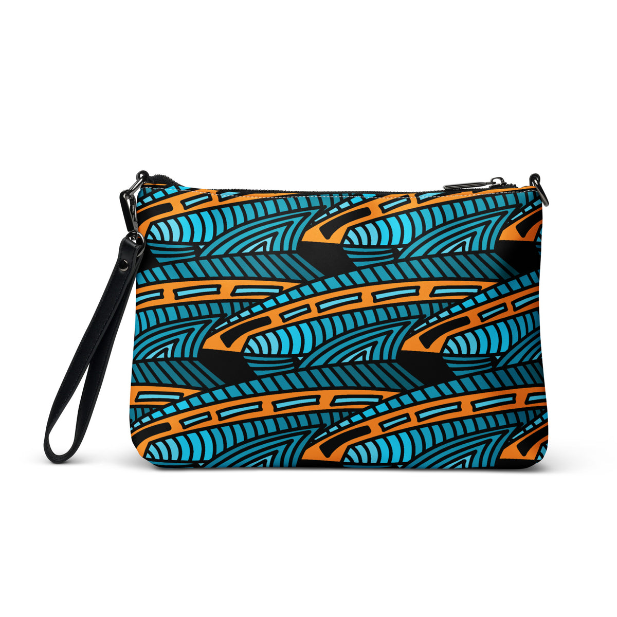 Crossbody bag featuring the abstract Jetfin Reef shark graphic in turquoise, orange and black.