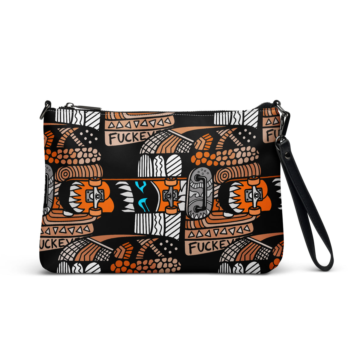 Black crossbody bag with a repeating Carnivore Skate Fridge print in orange, turquoise and grey.
