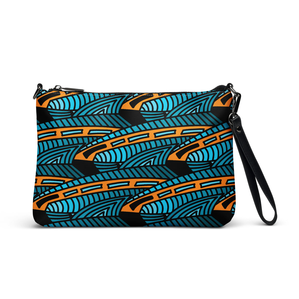 Crossbody bag featuring the abstract Jetfin Reef shark graphic in turquoise, orange and black.