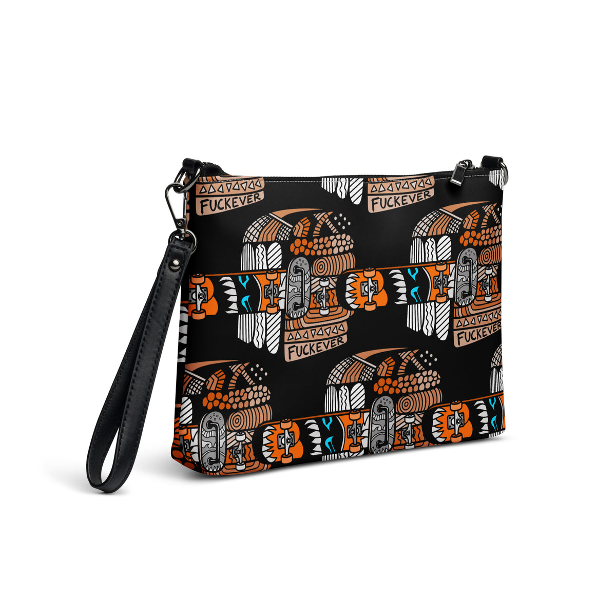 Black crossbody bag with a repeating Carnivore Skate Fridge print in orange, turquoise and grey.