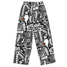 Front view of Totem Drift wide-leg pants with an all-over abstract black-and-white pattern and small orange accents.