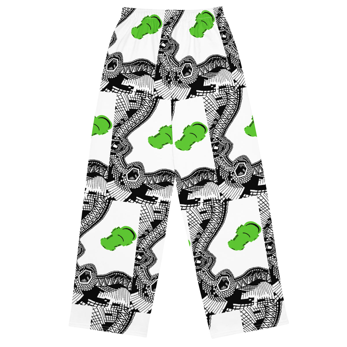 Urban City Wheels Signal wide-leg pants with an abstract black-and-white pattern and flying green skateboards.