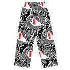 Urban Highrise Signal wide-leg pants with an abstract black-and-white city pattern and red skateboard motifs.